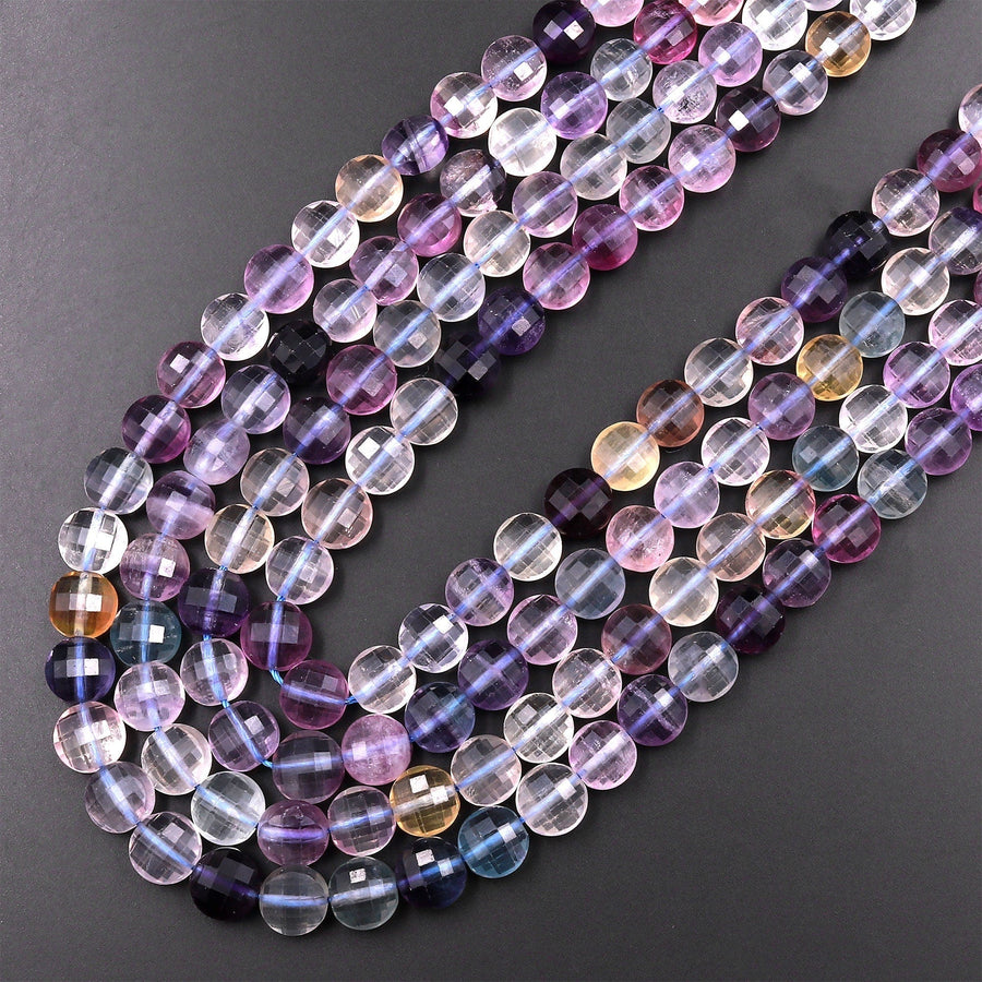 Faceted Natural Fluorite 8mm Coin Gemstone Beads 15.5" Strand