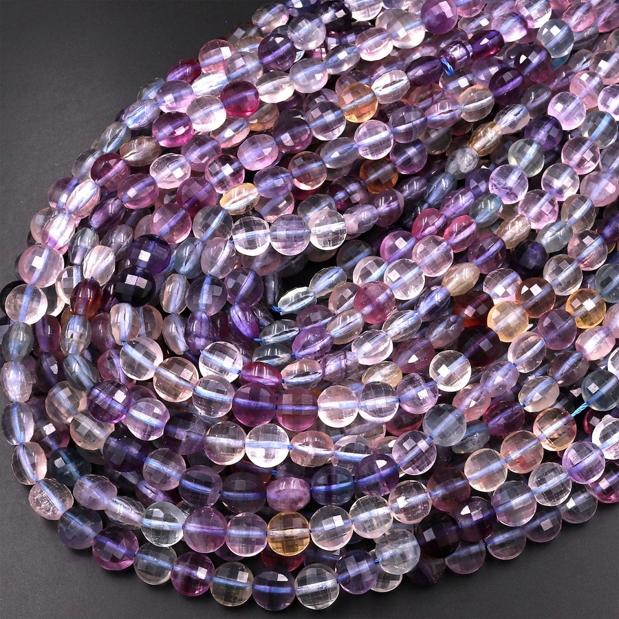 Faceted Natural Fluorite 8mm Coin Gemstone Beads 15.5" Strand