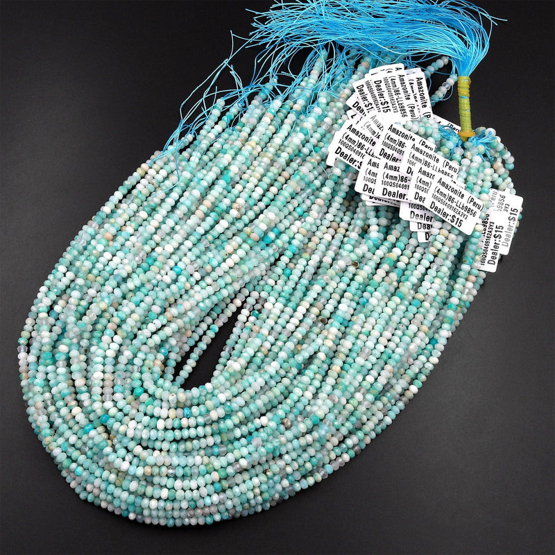 Peruvian Amazonite Faceted 3mm 4mm Rondelle Beads Micro Diamond Cut Natural Sea Blue Green Gemstone 15.5" Strand