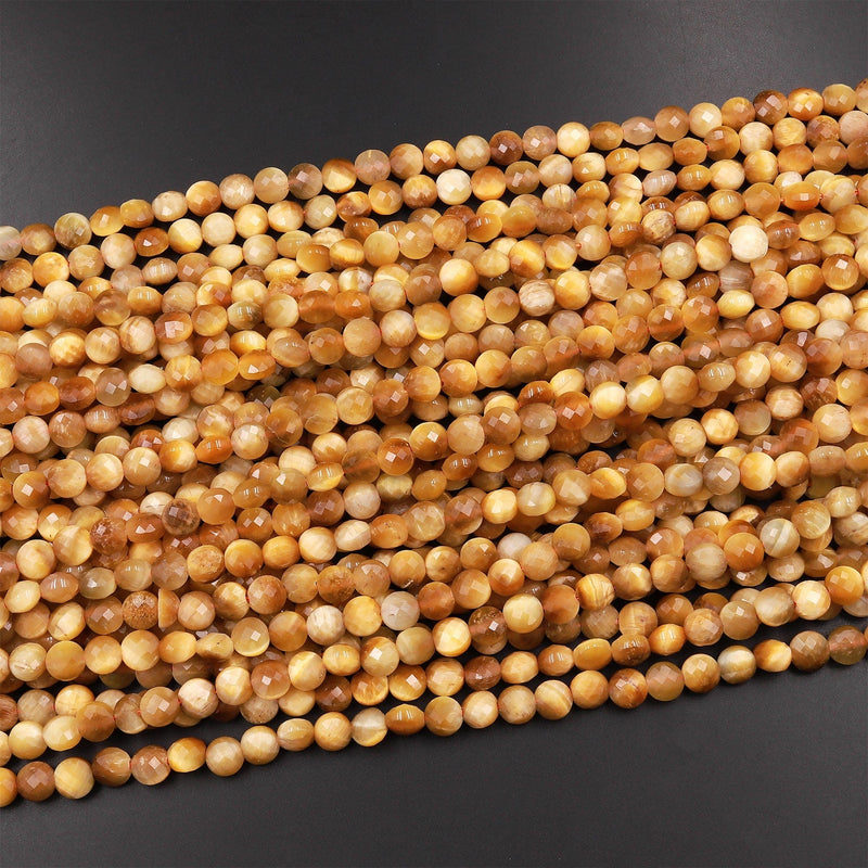 Micro Faceted Natural Blonde Tiger's Eye 6mm Coin Beads Flat Disc Gemstone 15.5" Strand