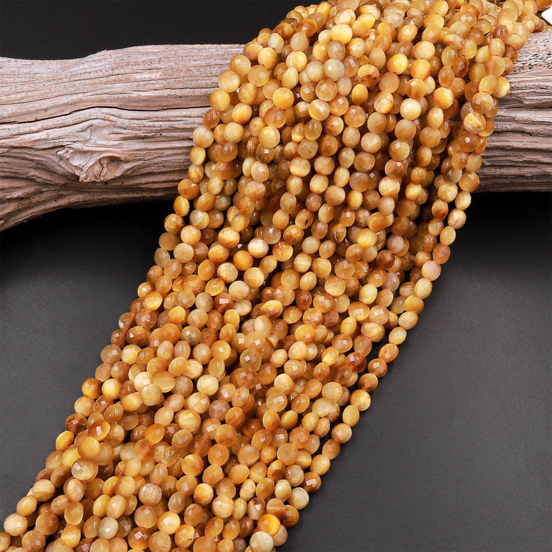 Micro Faceted Natural Blonde Tiger's Eye 6mm Coin Beads Flat Disc Gemstone 15.5" Strand