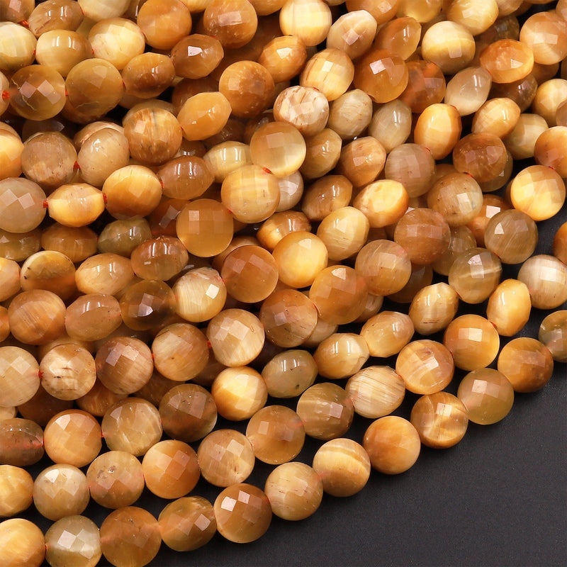 Micro Faceted Natural Blonde Tiger's Eye 6mm Coin Beads Flat Disc Gemstone 15.5" Strand