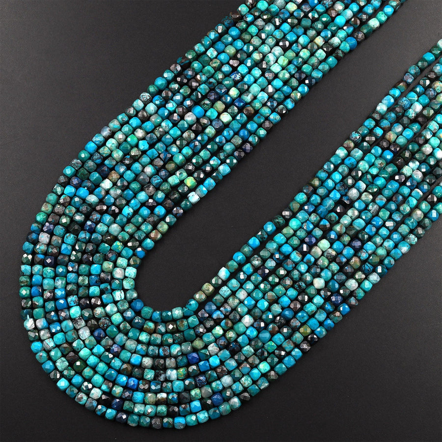 Natural Chrysocolla Faceted 2mm 3mm Cube Dice Square Beads Micro Laser Diamond Cut 15.5" Strand
