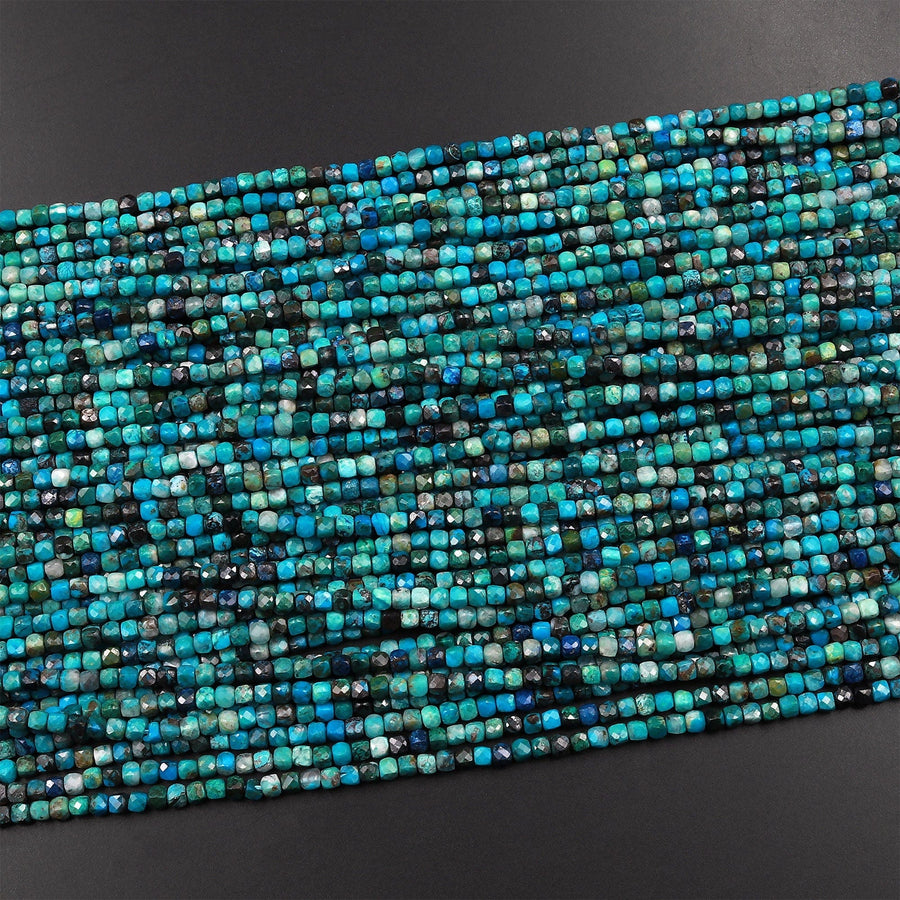 Natural Chrysocolla Faceted 2mm 3mm Cube Dice Square Beads Micro Laser Diamond Cut 15.5" Strand