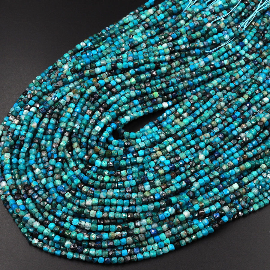 Natural Chrysocolla Faceted 2mm 3mm Cube Dice Square Beads Micro Laser Diamond Cut 15.5" Strand