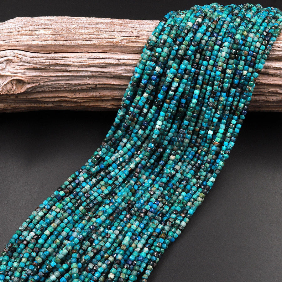 Natural Chrysocolla Faceted 2mm 3mm Cube Dice Square Beads Micro Laser Diamond Cut 15.5" Strand