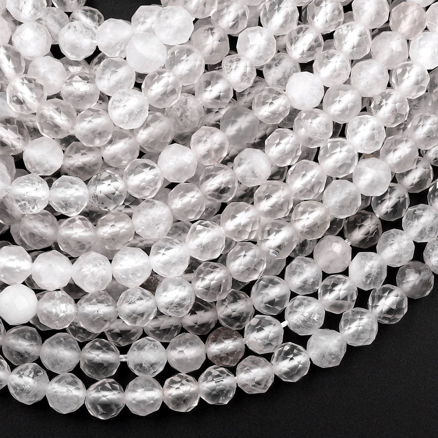 Micro Faceted Natural Quartz Round Beads 3mm 4mm Sparkling Diamond Cut Gemstone 15.5" Strand