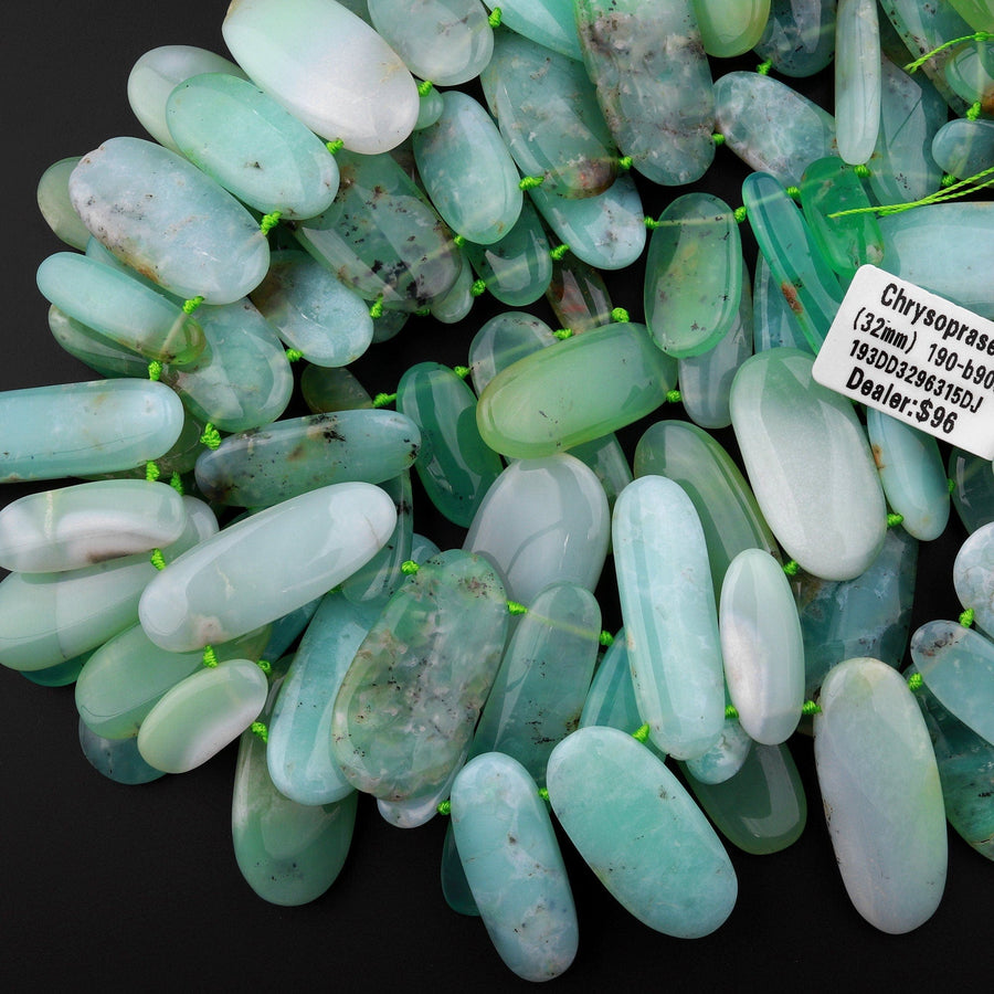 Large Natural Bicolor Green Brown Australian Chrysoprase Beads Nuggets Top Side Drilled Long Oval Focal Bead Pendant 15.5" Strand