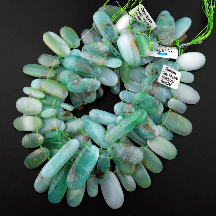 Large Natural Bicolor Green Brown Australian Chrysoprase Beads Nuggets Top Side Drilled Long Oval Focal Bead Pendant 15.5" Strand