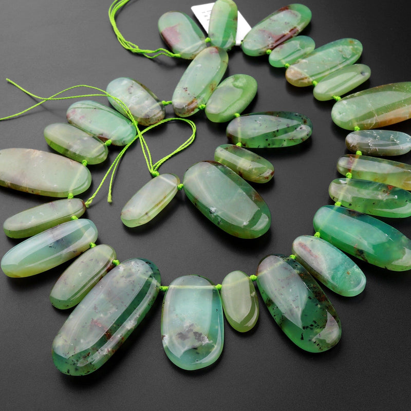 Gemmy Green Color~ Large Natural Australian Chrysoprase Beads Nuggets Top Side Drilled Long Oval Focal Bead Pendant 15.5" Strand