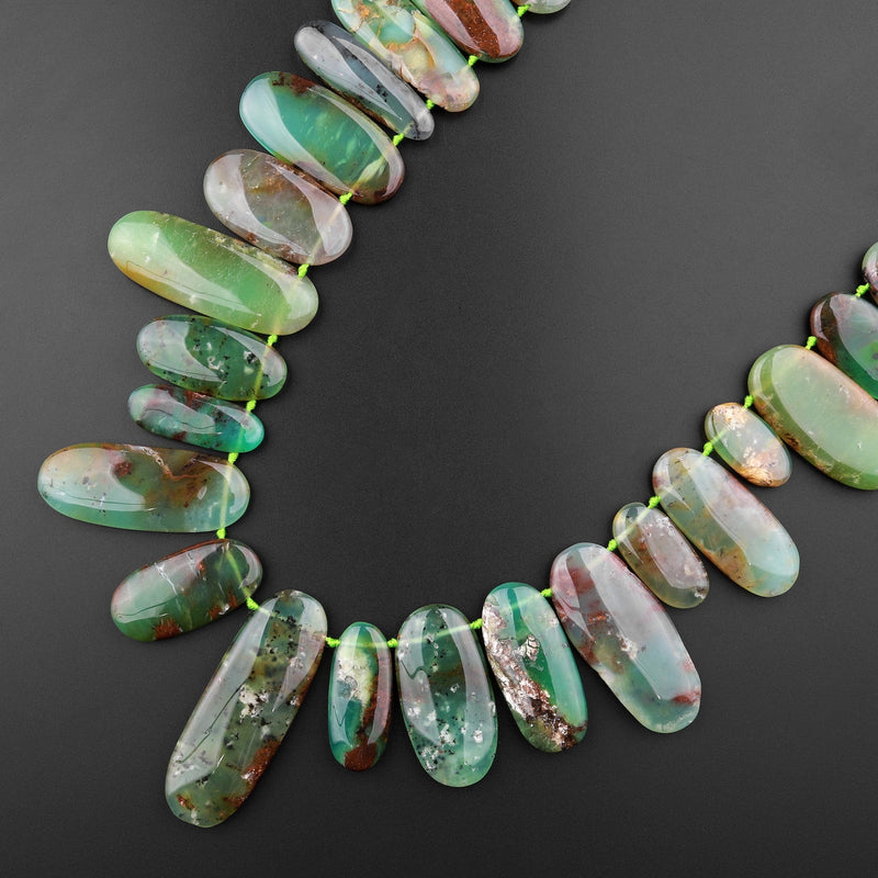Gemmy Green Color~ Large Natural Australian Chrysoprase Beads Nuggets Top Side Drilled Long Oval Focal Bead Pendant 15.5" Strand