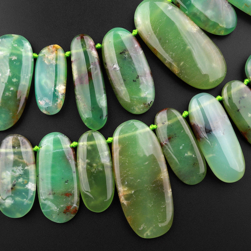 Gemmy Green Color~ Large Natural Australian Chrysoprase Beads Nuggets Top Side Drilled Long Oval Focal Bead Pendant 15.5" Strand