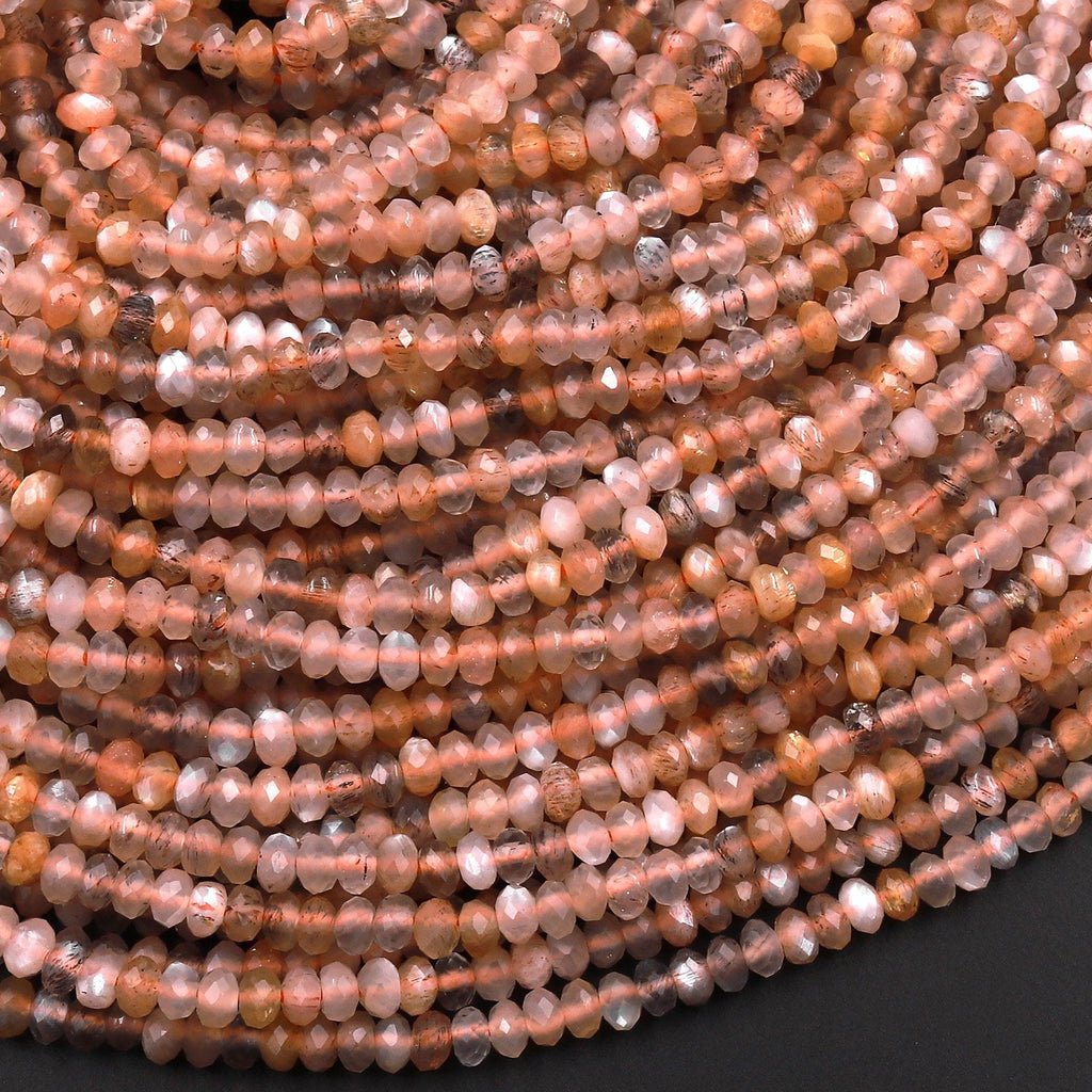 AAA Micro Faceted Natural Multicolor Peach Gray Moonstone 3mm Rondelle Gemstone Beads 15.5" Strand