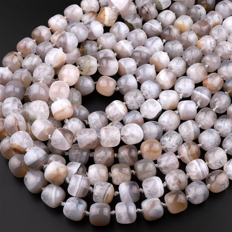 Rare Natural Phantom Agate Beads Barrel Drum Cylinder Earthy Gray White Crystal 15.5" Strand
