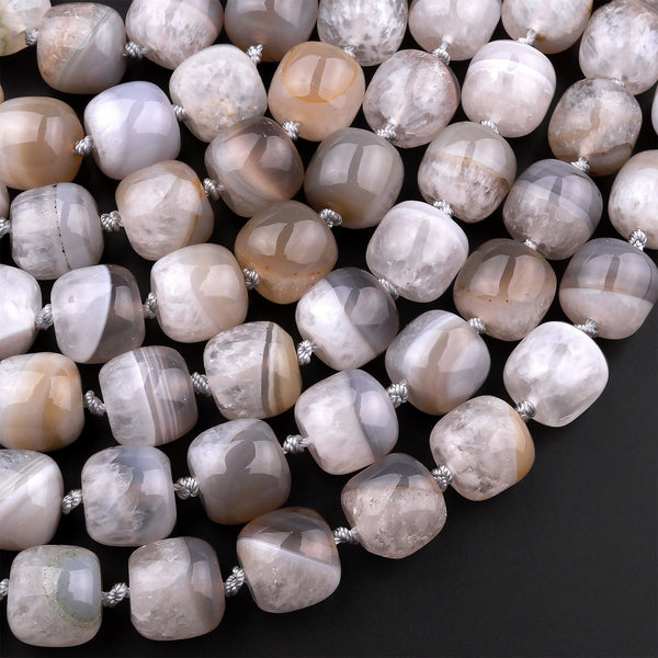 Rare Natural Phantom Agate Beads Barrel Drum Cylinder Earthy Gray White Crystal 15.5" Strand