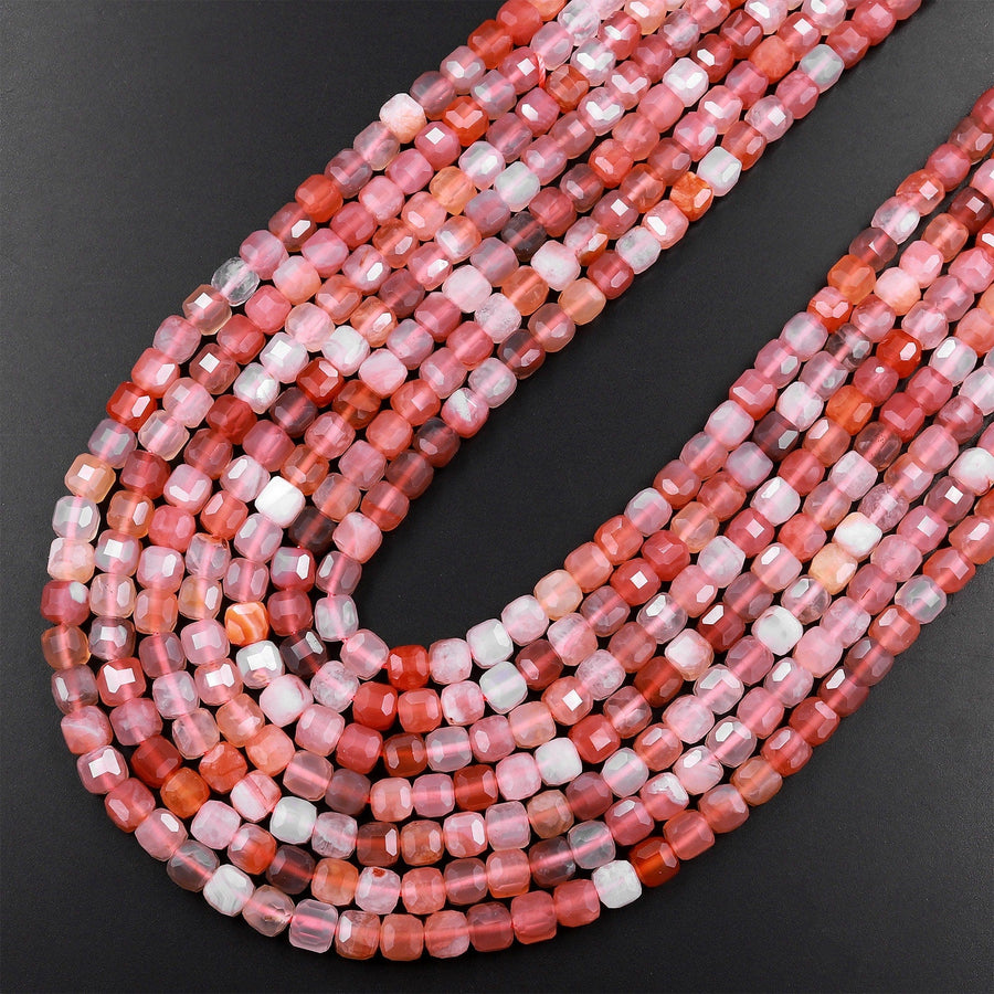 Faceted Natural Red Pink Botswana Agate 5mm Faceted Cube Beads Sparkling Dazzling Vibrant Gemstone 15.5" Strand