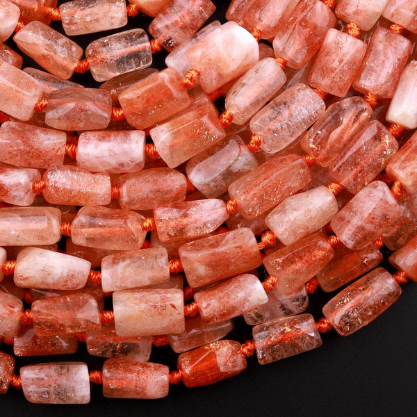 Fiery Natural Sunstone Tube Beads Orange Red Feldspar Gemstone 15.5" Strand