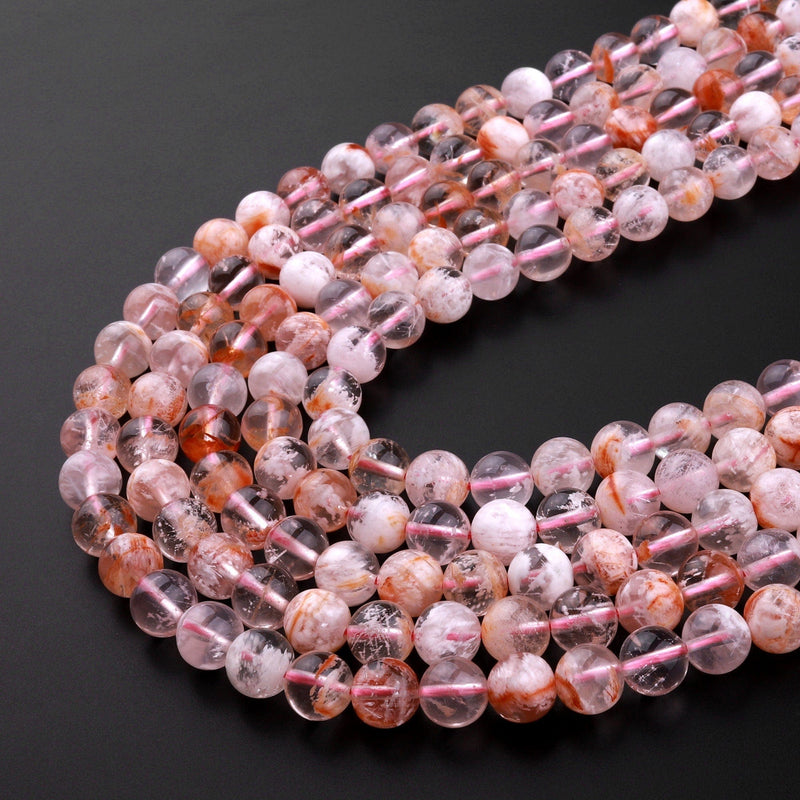 Rare Natural Golden Peach Phantom Lodalite Quartz 8mm 10mm Round Beads 15.5" Strand