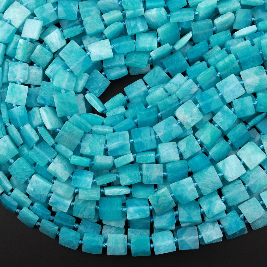 Natural Blue Peruvian Amazonite Faceted Cushion Square Beads 10mm 15.5" Strand