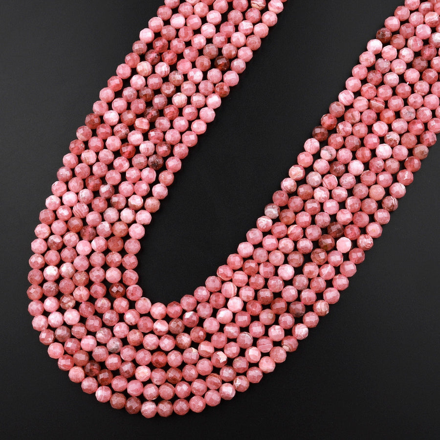 Natural Rhodochrosite 5mm Faceted Round Beads Micro Laser Diamond Cut Genuine Red Pink Gemstone 15.5" Strand