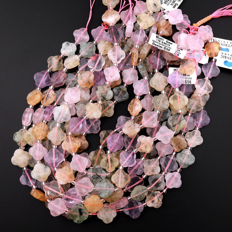 4 Four Leaf Clover Beads Rose Quartz Citrine Prehnite Amethyst Hand Carved Flower Mixed Gemstone 15.5" Strand