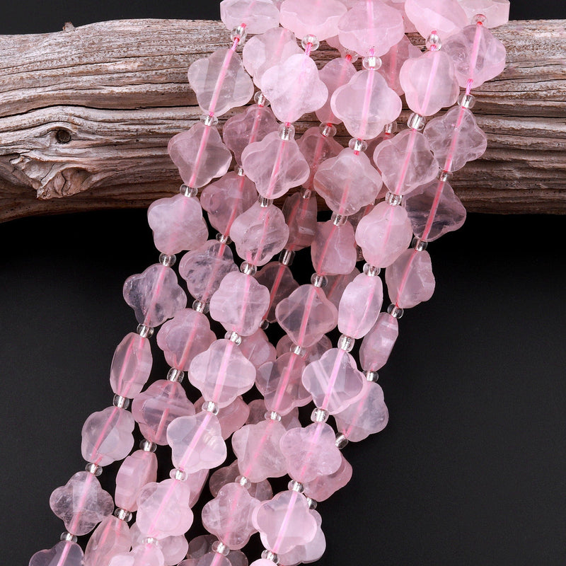 4 Four Leaf Clover Beads Natural Pink Rose Quartz Hand Carved Flower Gemstone 15.5" Strand