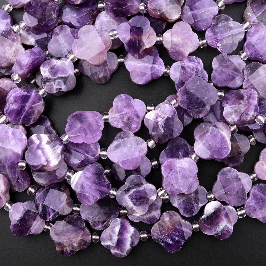 4 Four Leaf Clover Beads Natural Purple Amethyst Hand Carved Flower Gemstone 15.5" Strand