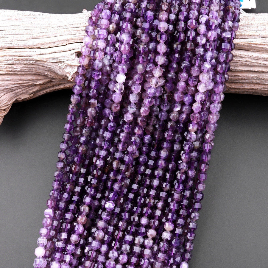 Natural Purple Amethyst 6mm Round Beads Faceted Prism Gemstone 15.5" Strand
