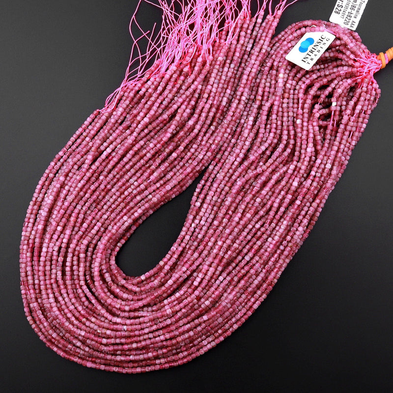 AAA Natural Pink Tourmaline Faceted 2mm 3mm Cube Square Dice Beads Gemstone 15.5" Strand