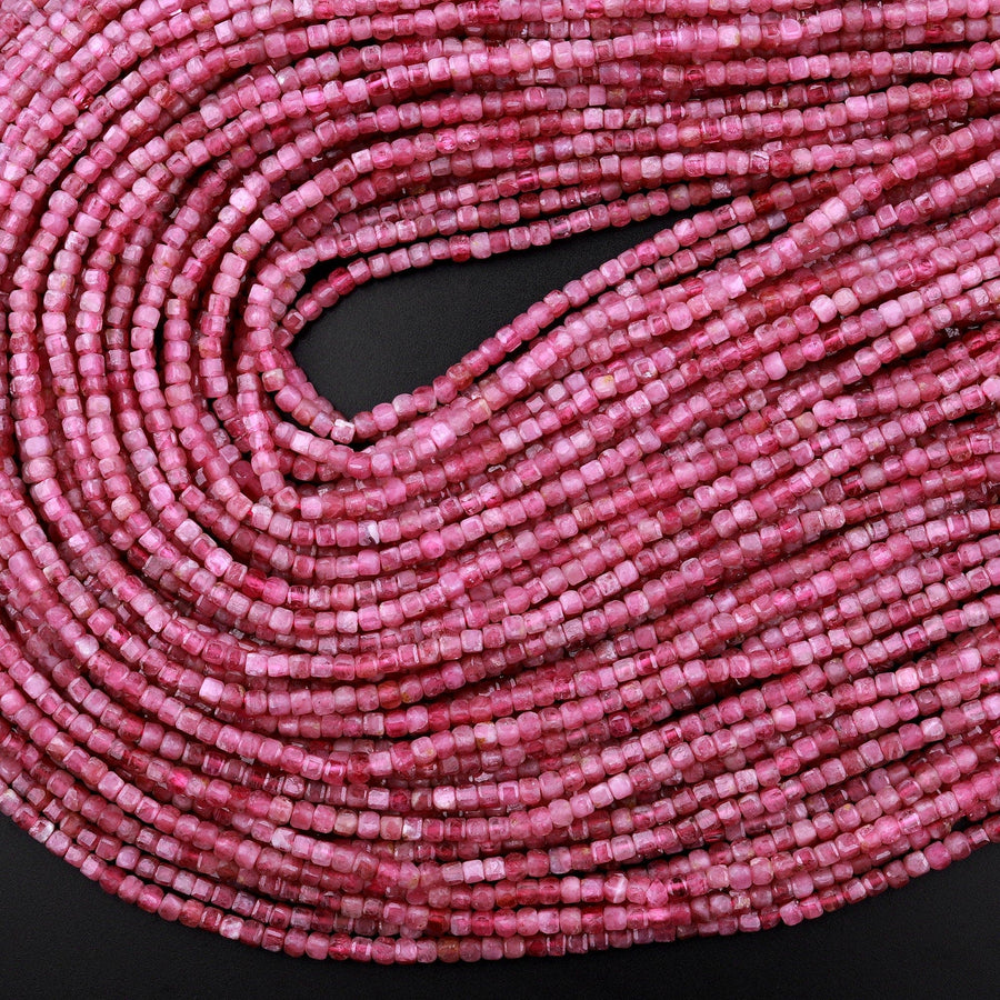 AAA Natural Pink Tourmaline Faceted 2mm 3mm Cube Square Dice Beads Gemstone 15.5" Strand