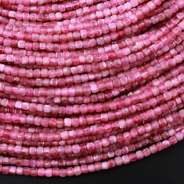 AAA Natural Pink Tourmaline Faceted 2mm 3mm Cube Square Dice Beads Gemstone 15.5" Strand