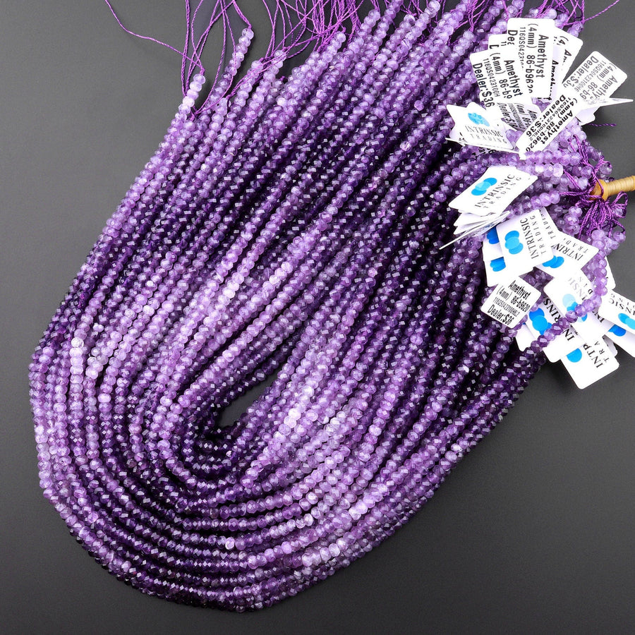 Faceted Natural Amethyst 4mm Rondelle Beads Shades of Purple 15.5" Strand