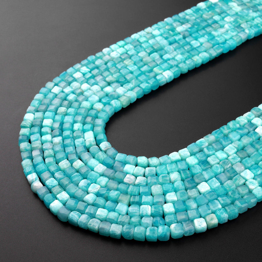 AA Natural Peruvian Blue Amazonite Faceted 3mm 4mm Cube Square Beads Translucent Gemstone 15.5" Strand