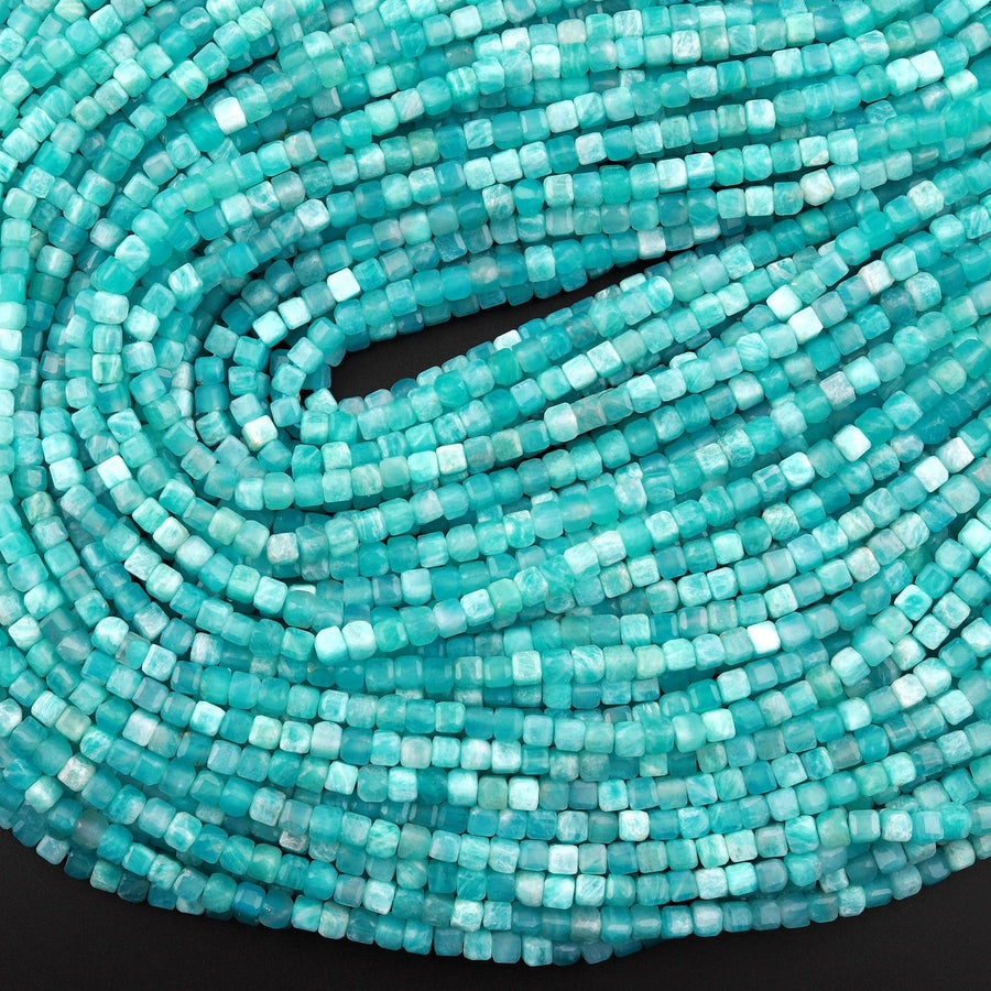 AA Natural Peruvian Blue Amazonite Faceted 3mm 4mm Cube Square Beads Translucent Gemstone 15.5" Strand