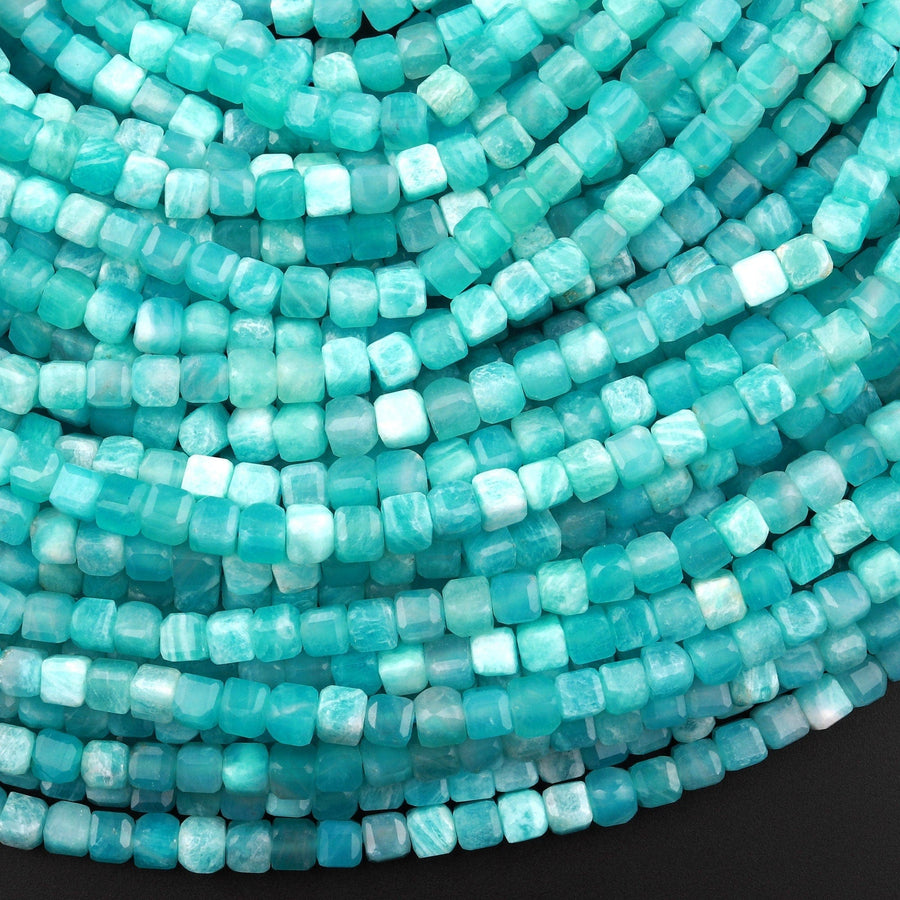 AA Natural Peruvian Blue Amazonite Faceted 3mm 4mm Cube Square Beads Translucent Gemstone 15.5" Strand