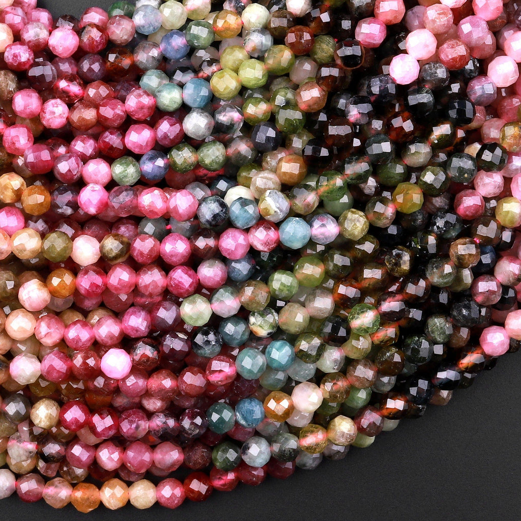 Micro Faceted Natural Multicolor Tourmaline Round Beads 4mm Pink Green Blue Cognac Gradient Shades 15.5" Strand