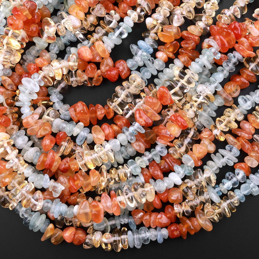 Freeform Mixed Multicolor Gemstone Chip Beads Orange Botswana Agate Citrine Aquamarine 15.5" Strand