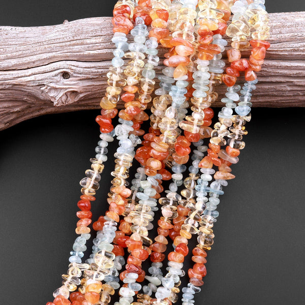 Freeform Mixed Multicolor Gemstone Chip Beads Orange Botswana Agate Citrine Aquamarine 15.5" Strand