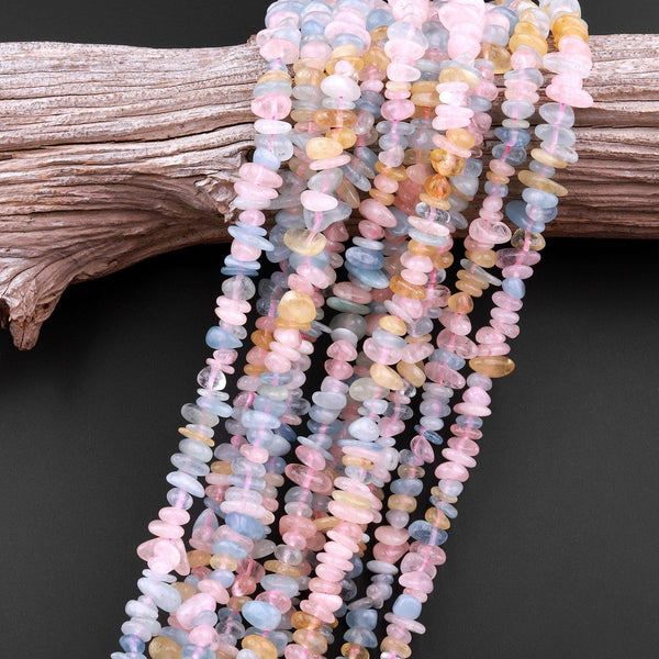 Freeform Mixed Multicolor Gemstone Chip Beads Rose Quartz Yellow Calcite Aquamarine 15.5" Strand