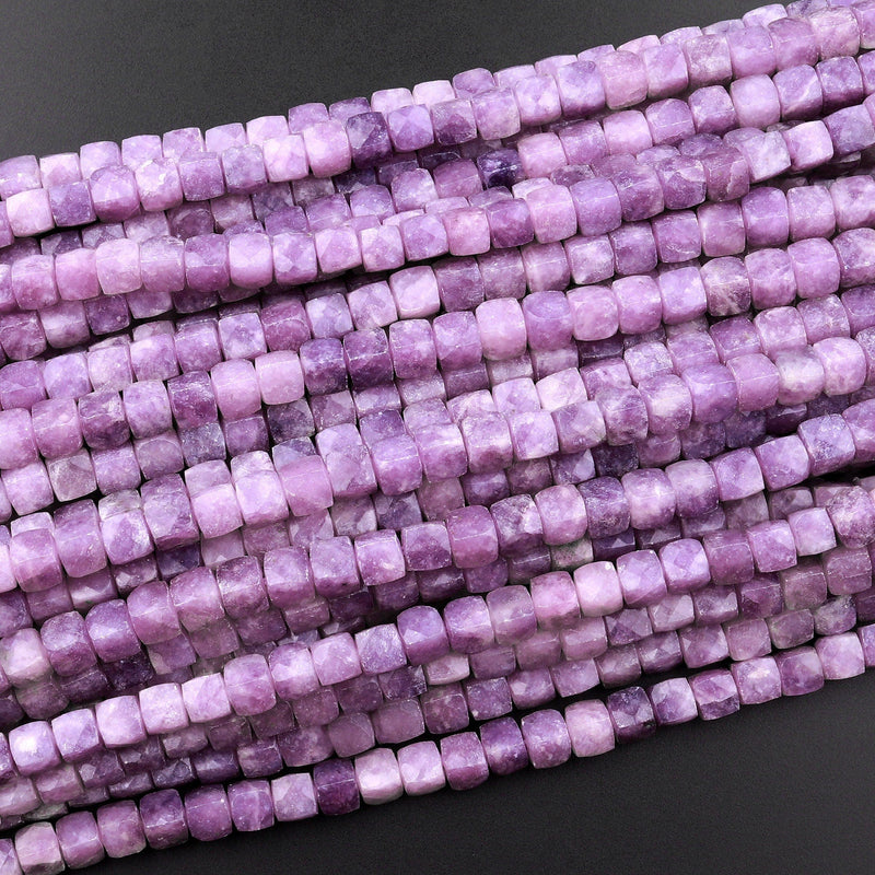 Natural Lilac Purple Lepidolite Faceted 4mm Cube Square Beads 15.5" Strand