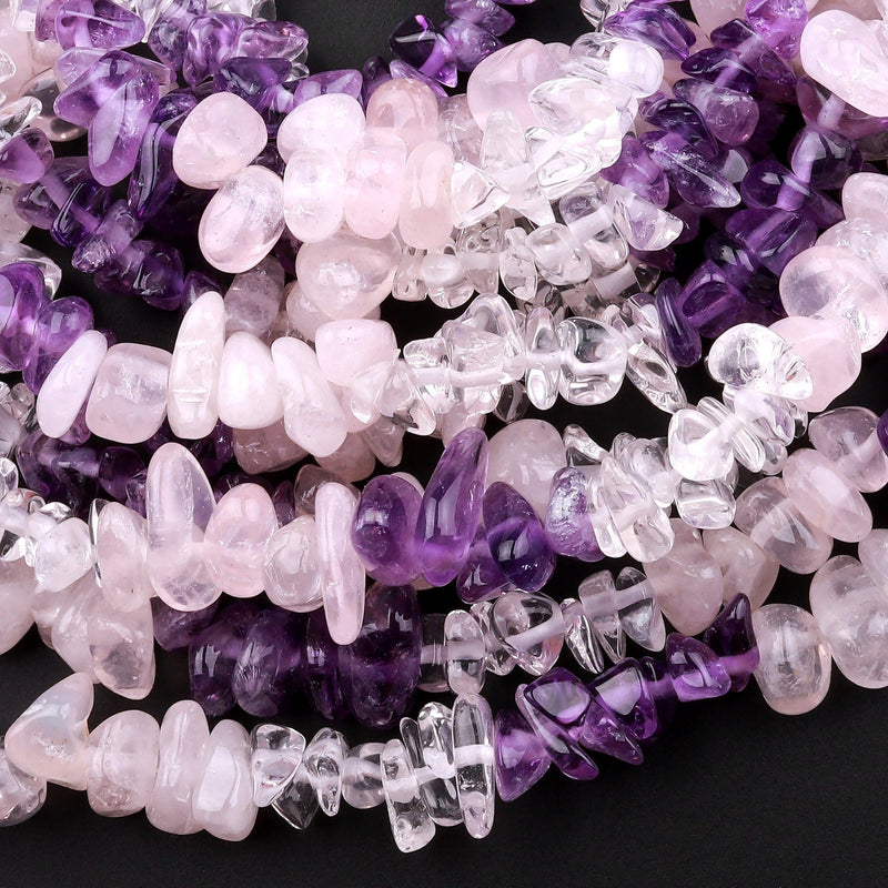 Freeform Mixed Multicolor Gemstone Chip Beads Pink Rose Quartz Purple Amethyst Clear Rock Quartz 15.5" Strand