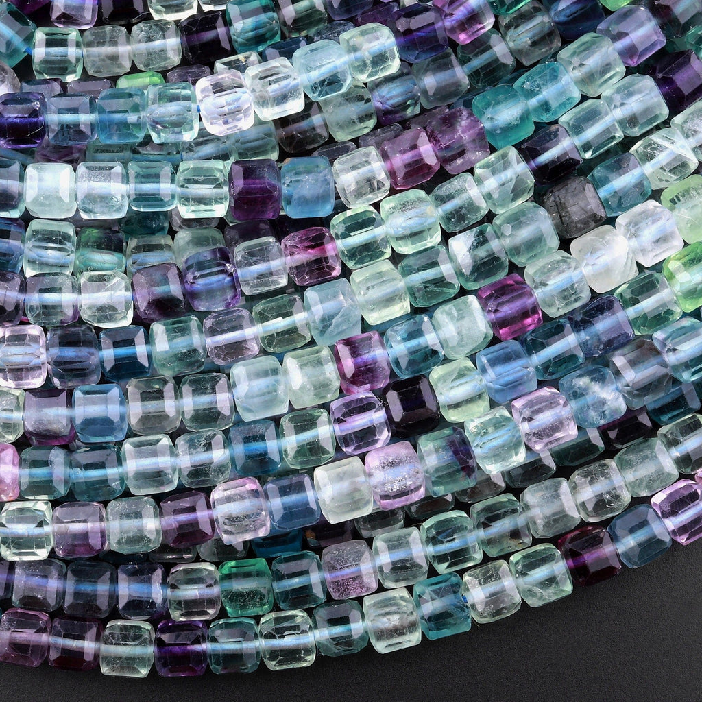 Natural Fluorite Faceted 6mm Cube Square Dice Beads Vibrant Rainbow Purple Blue Green Gemstone 15.5" Strand
