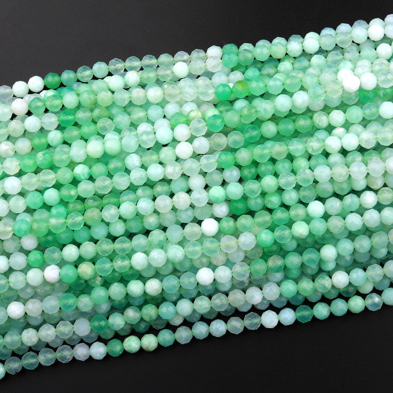 Micro Faceted Natural Australian Green Chrysoprase Faceted Round 4mm 5mm Beads Diamond Cut Gemstone Beads 15.5" Strand