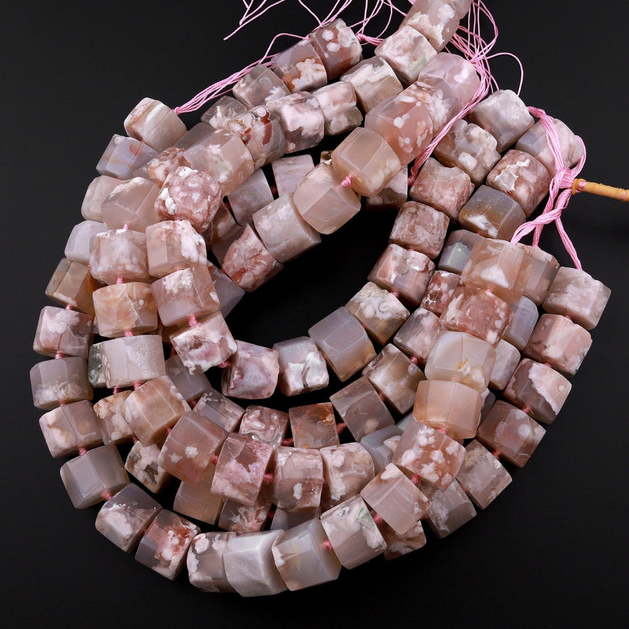 Huge Phenomenal Faceted Natural Cherry Blossom Agate Beads Center Drilled Rondelle Wheel Tube Cylinder Aka Flower Agate 15.5" Strand
