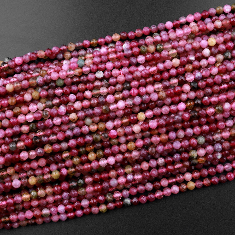 Micro Faceted Natural Pink Red Tourmaline Faceted 3mm Round Beads Gemstone 15.5" Strand