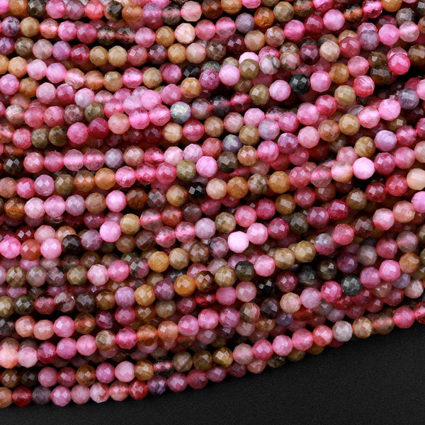 Micro Faceted Natural Multicolor Pink Green Yellow Tourmaline Faceted 3mm Round Beads Gemstone 15.5" Strand