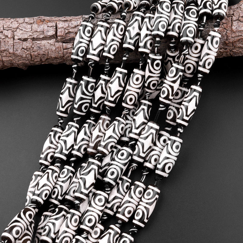 Large Tibetan Agate Barrel Drum Cylinder Tube 30mm Beads Dzi Agate White Black Eye Pattern Antique Boho Beads 15.5" Strand