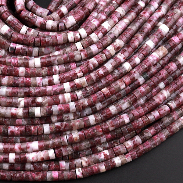 Natural Red Tourmaline Rubellite in Quartz 3mm 4mm Heishi Rondelle Beads 15.5" Strand