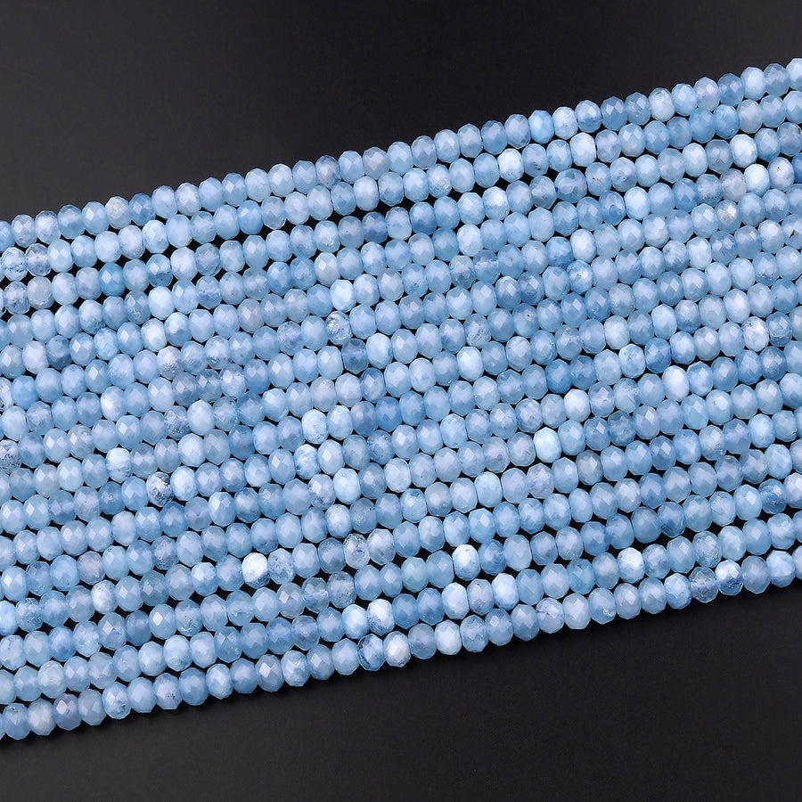 AAA Micro Faceted Natural Blue Aquamarine 5mm Rondelle Beads Laser Diamond Cut Gemstone 15.5" Strand