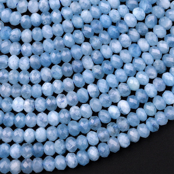 AAA Micro Faceted Natural Blue Aquamarine 5mm Rondelle Beads Laser Diamond Cut Gemstone 15.5" Strand